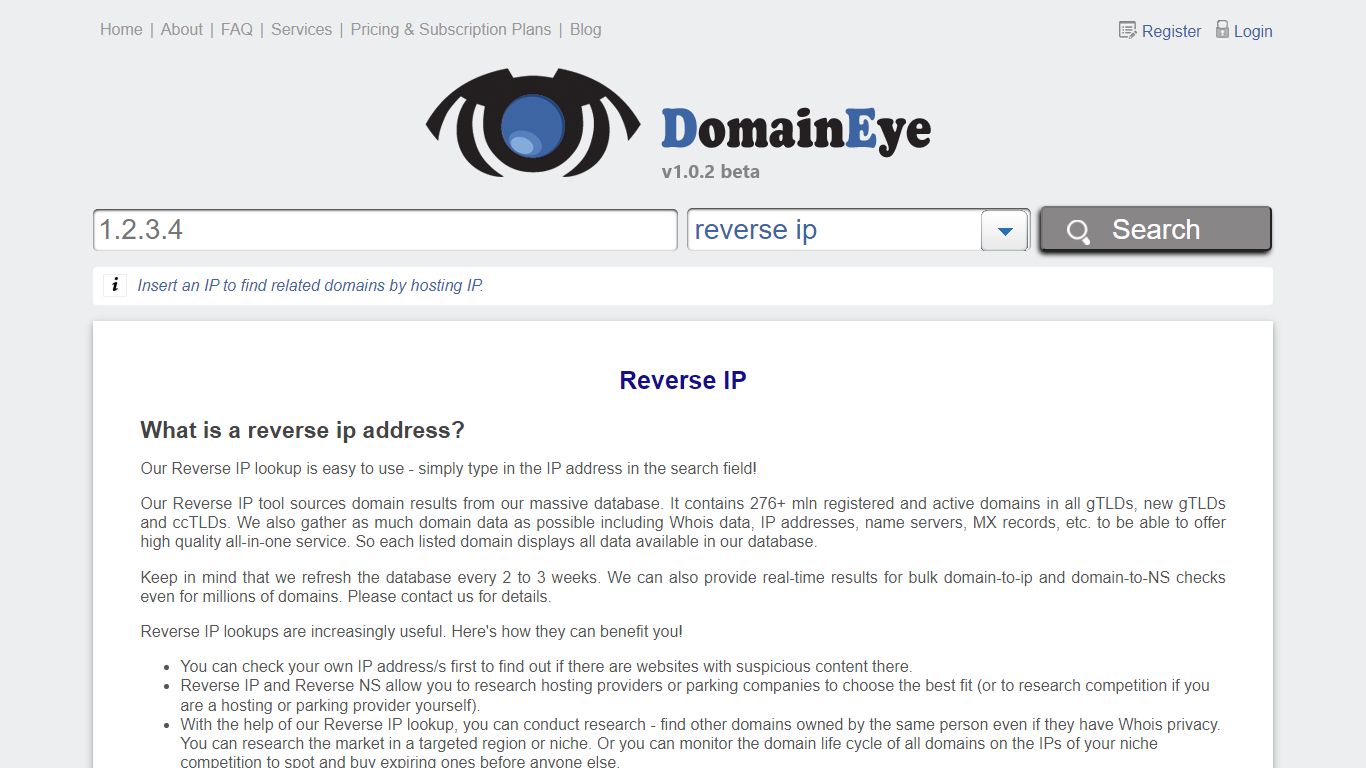 Reverse IP lookup - All domains on an IP address | DomainEye