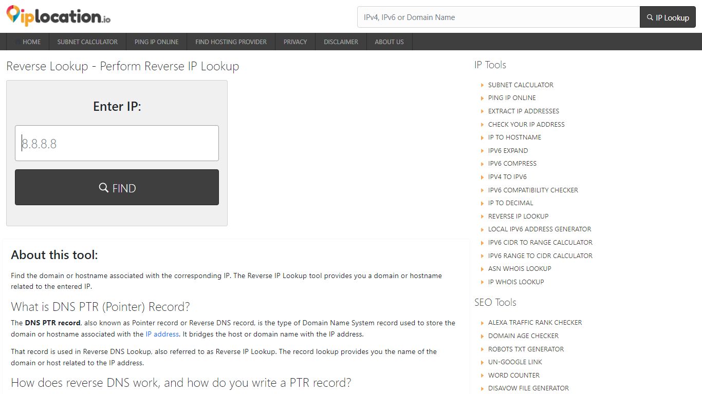 Reverse IP Lookup - IP to Hostname - IPLocation